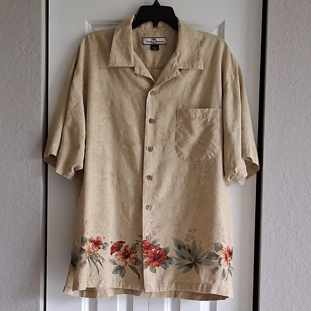 Tommy Bahama Cream Tropical Floral Short Sleeve Silk Shirt Men's Size L